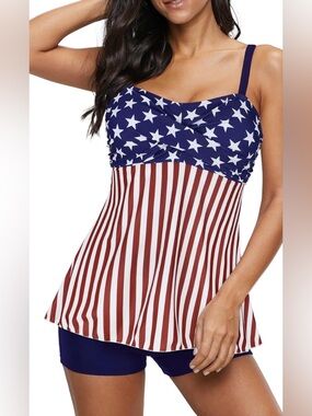 NEW Zando American Flag Red White & Blue 2Pc Boy-Shorts Tankini Women’s 3XL